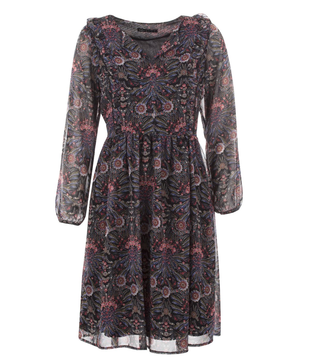 Chiffon dress with long sleeves, emphasized waist, with paisley print  0